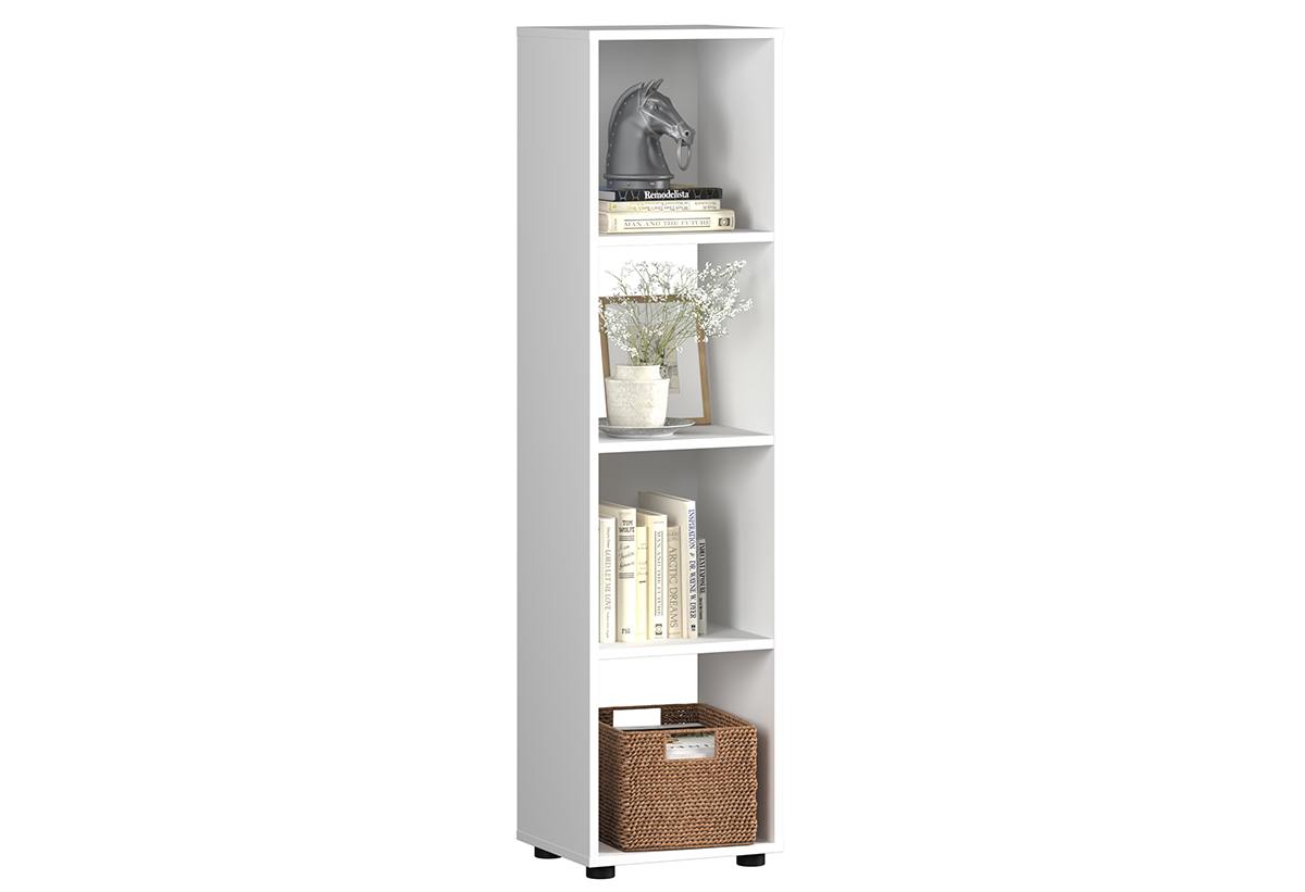 Απεικονίζεται η βιβλιοθήκη γεμάτη με κουτιά αποθήκευσης, βιβλία και διακοσμητικά.